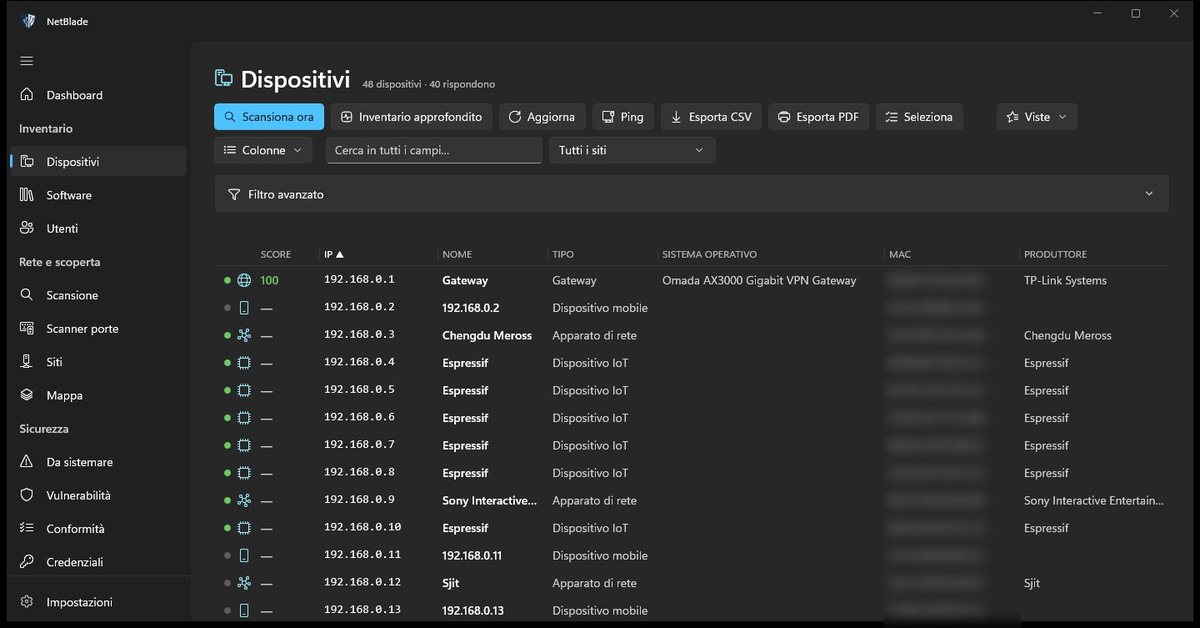 Dispositivi: l'inventario in tabella, ordinabile, filtrabile ed esportabile in CSV e PDF