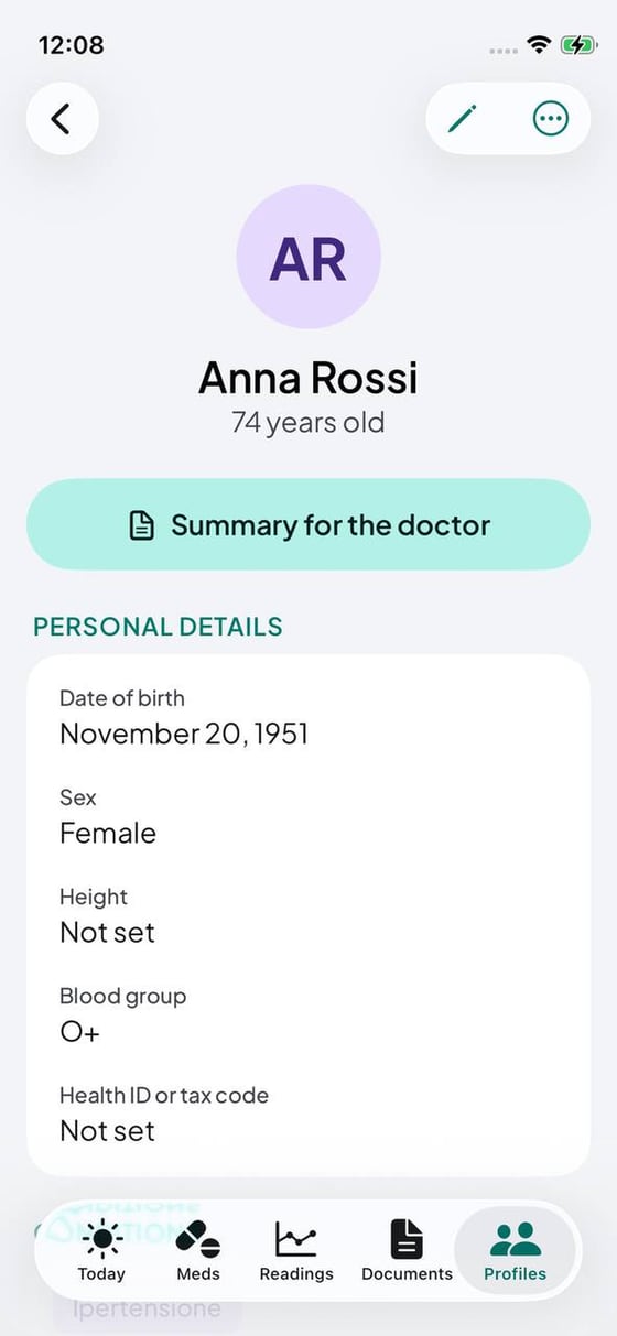 Il profilo di una persona, con il riepilogo PDF per il medico