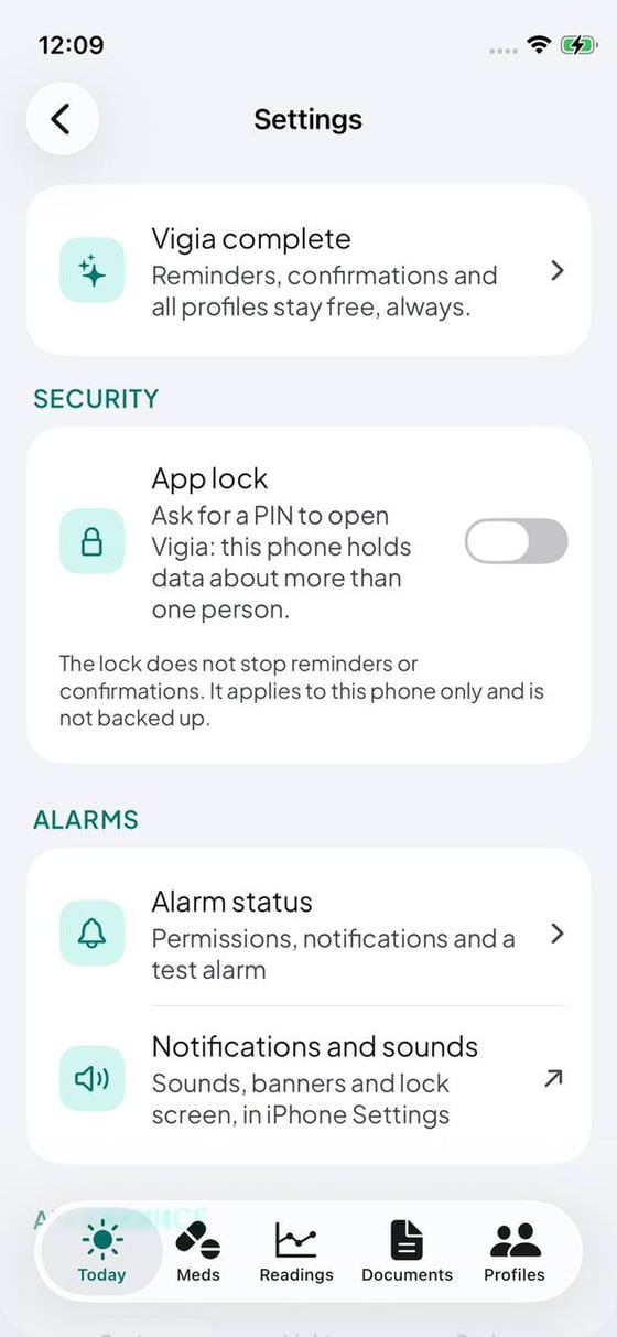 Impostazioni: blocco dell'app e stato degli allarmi
